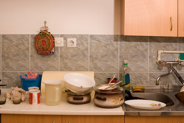 dishes piled high